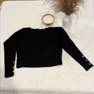 Black Crew Neck Sweater with Gold Button Accents